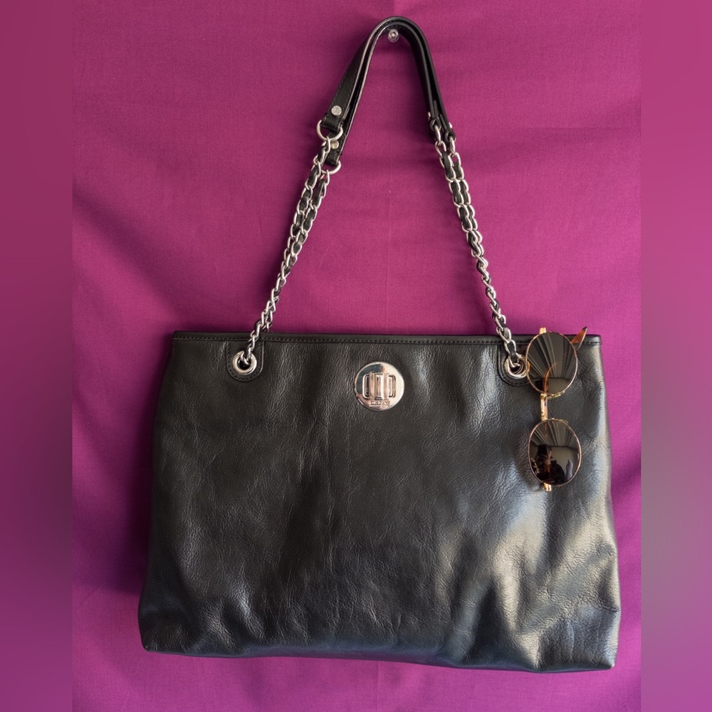 DKNY Black Leather Chain Strap Shoulder Tote Bag Silver Hardware